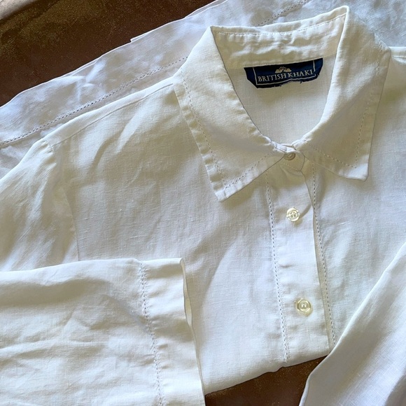 Vintage British Khaki White Linen Button Up Top Simple Classic 3/4 Sleeve Sz M - Picture 8 of 9